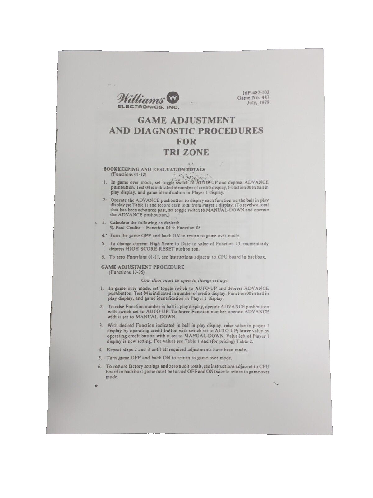 Williams Tri Zone Pinball-Game Adjustment and Diagnostic Procedures Booklet