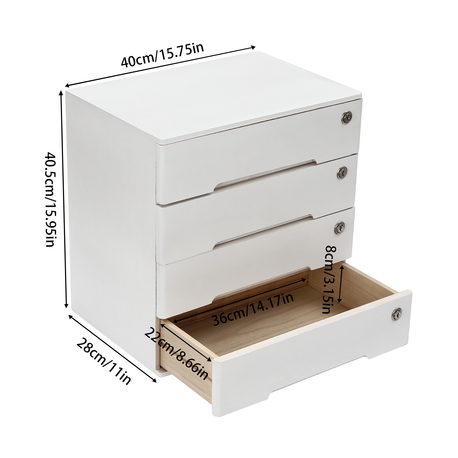 4-layer white wooden desktop storage box file cabinet with lockable drawers