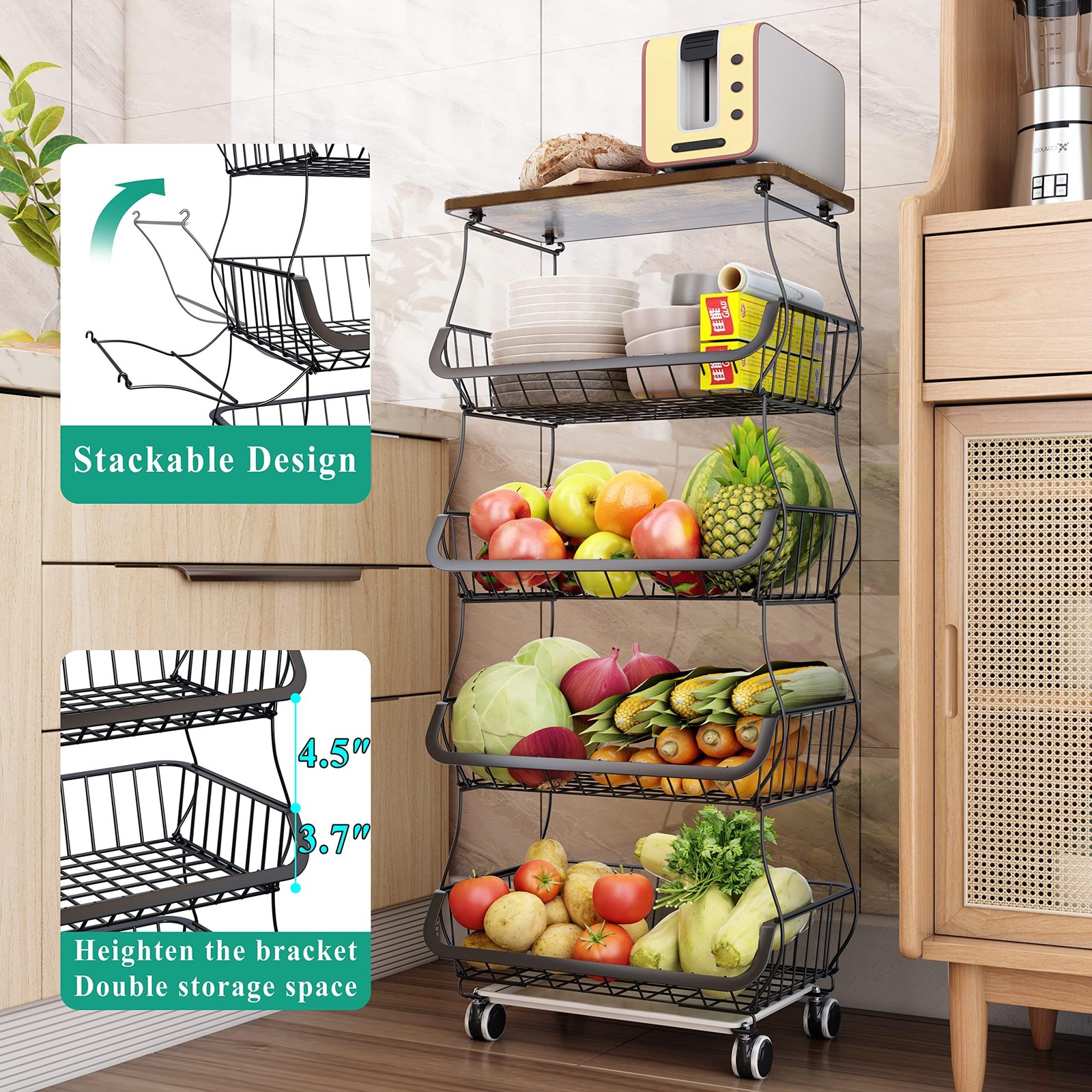 Fruit Basket Kitchen Pantry Organizers and Storage - Wooden Top Table, Stacka...