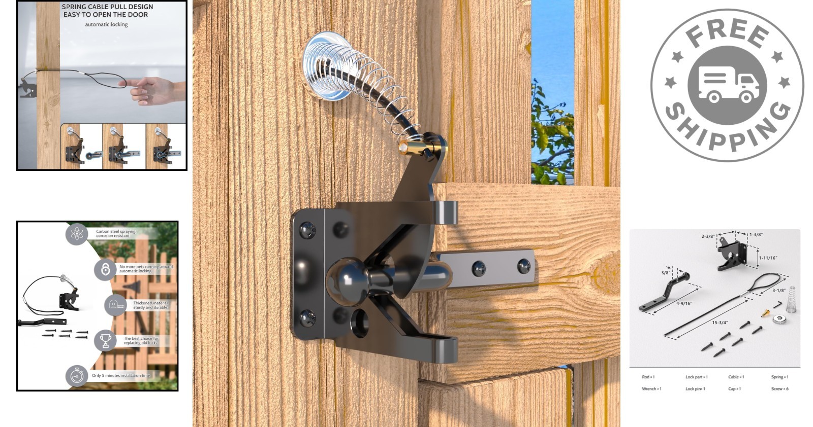 Black Gate Latch Set with Spring Cable Pull – Secure & Durable 4-Pack