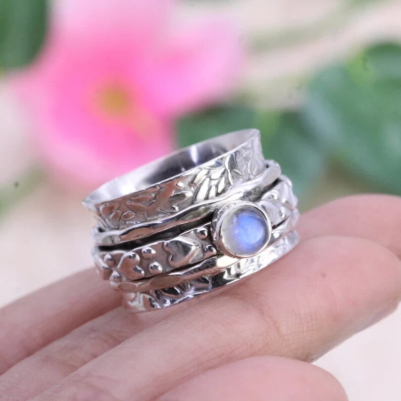 925 Silver Ring, Moonstone Ring, Womens Spinner Ring, Meditation Ring, ,All Size