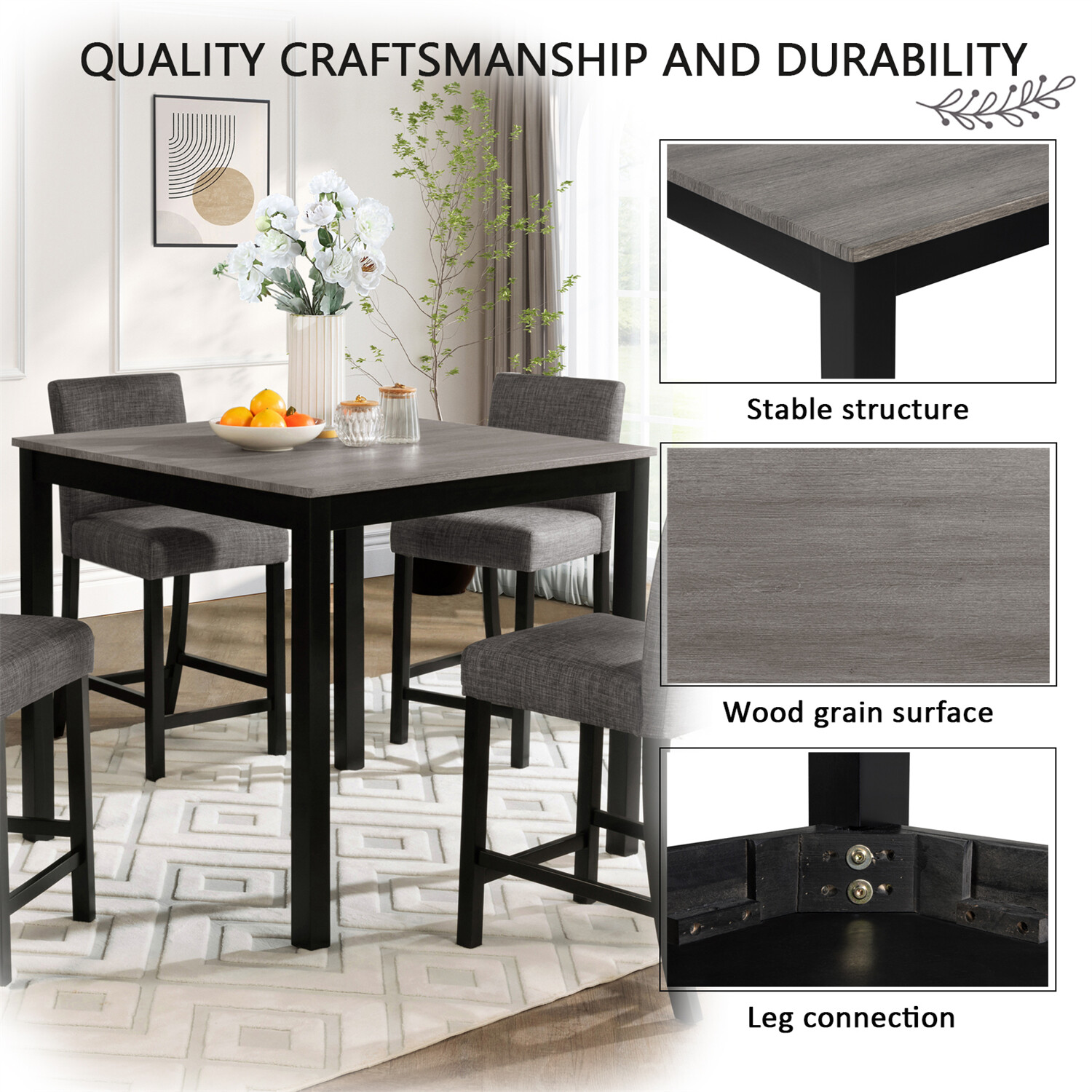 5 Piece Dining Table Set Wooden Dining Table with 4 Upholstered Chairs