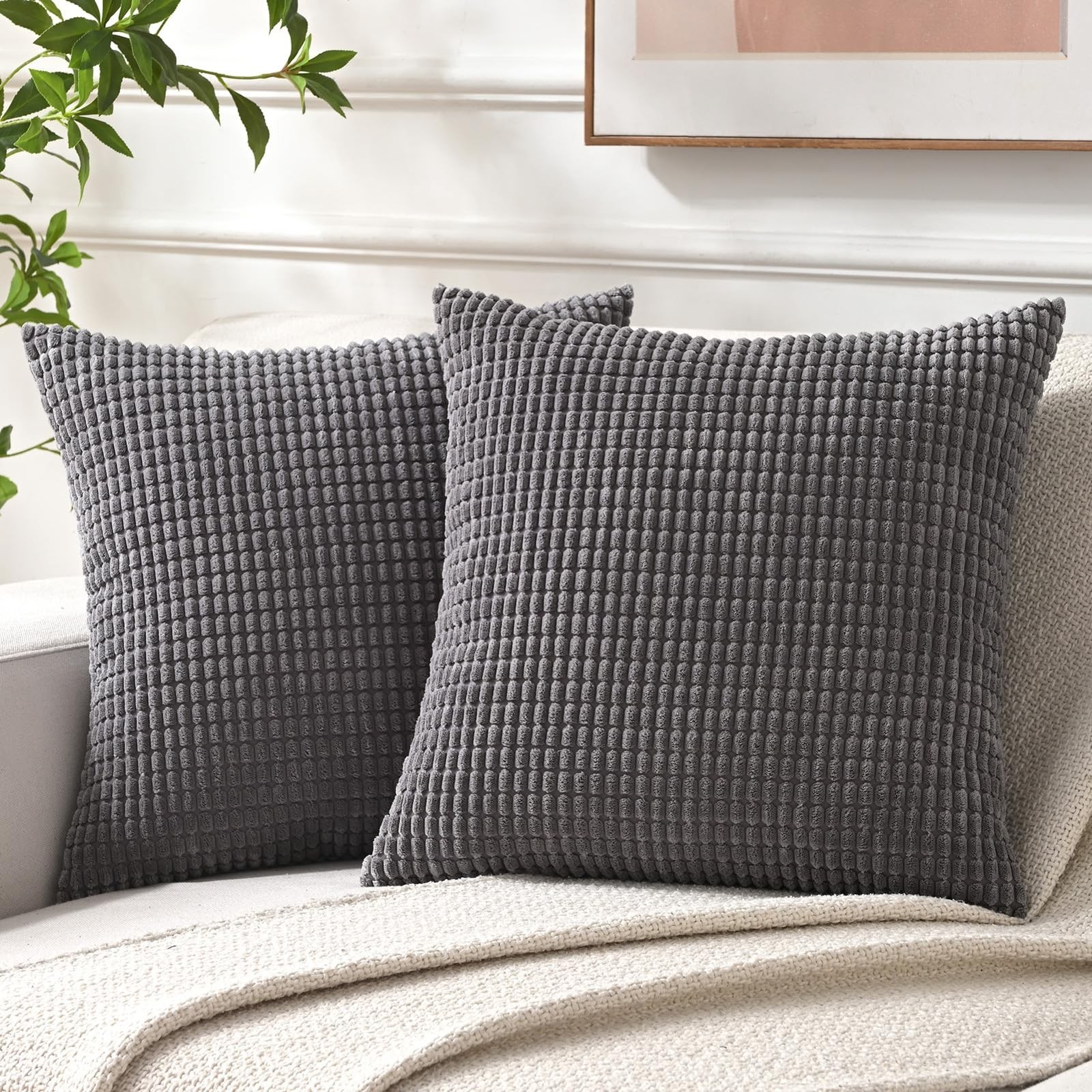 Corduroy Throw Pillow Covers 16x16 Soft Decorative Pillow Covers Plain Dark G...