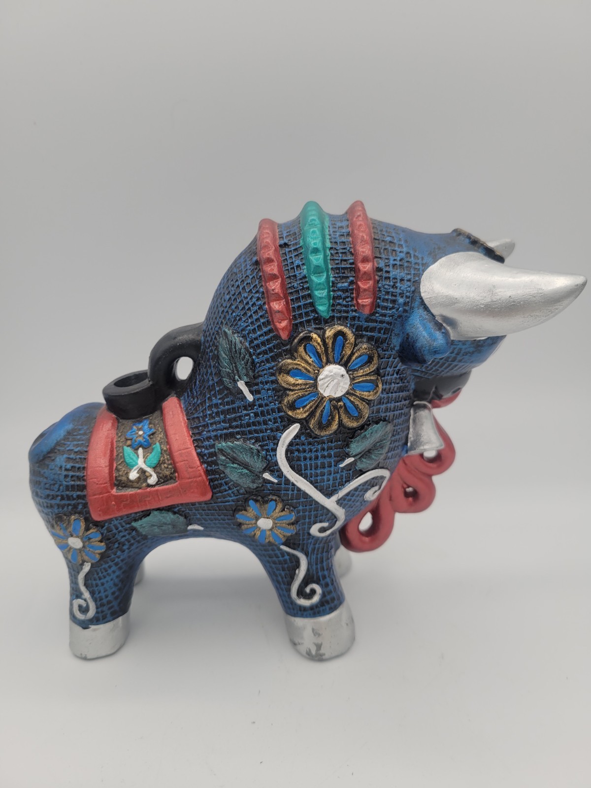Blue Torito De Pucara Peruvian Handmade Pottery Toro Bull Vessel Figure