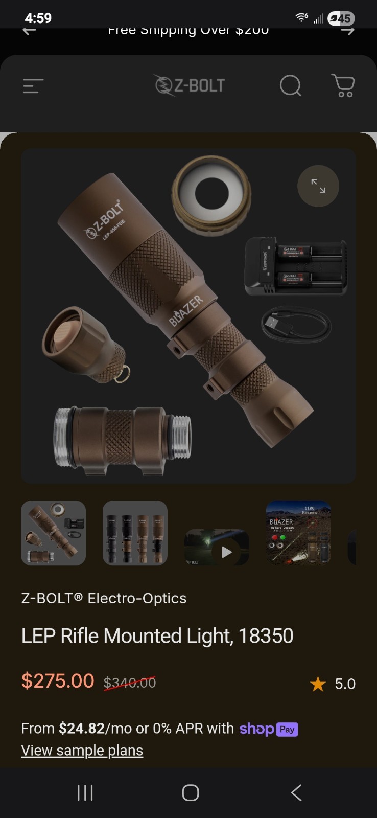 Z-bolt Blazer Weapon Mounted LED Light 18350 Scout Light and Hand carry Package