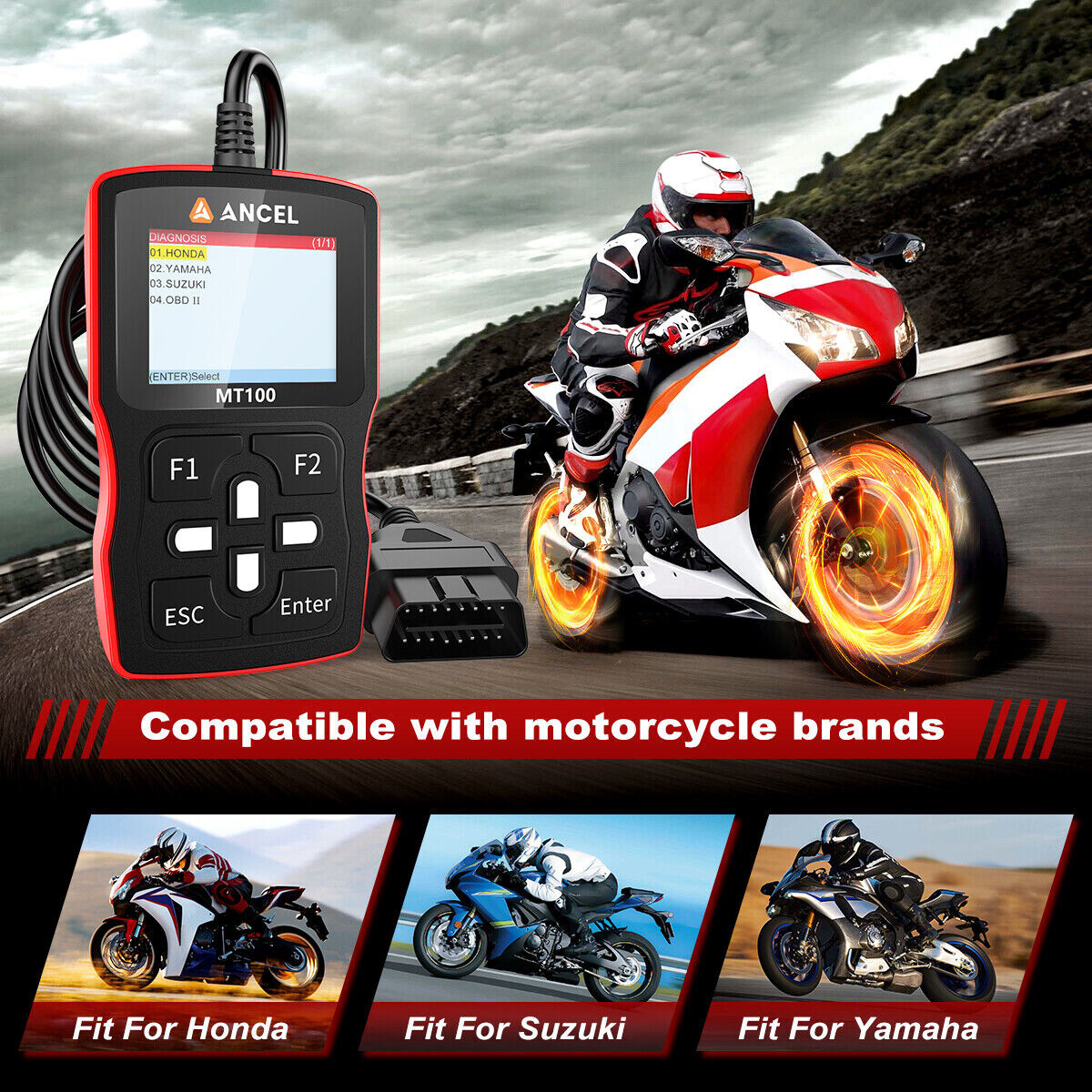 ANCEL MT100 Motorcycle Scanner OBD2 Code Reader Engine ABS Diagnostic Tool