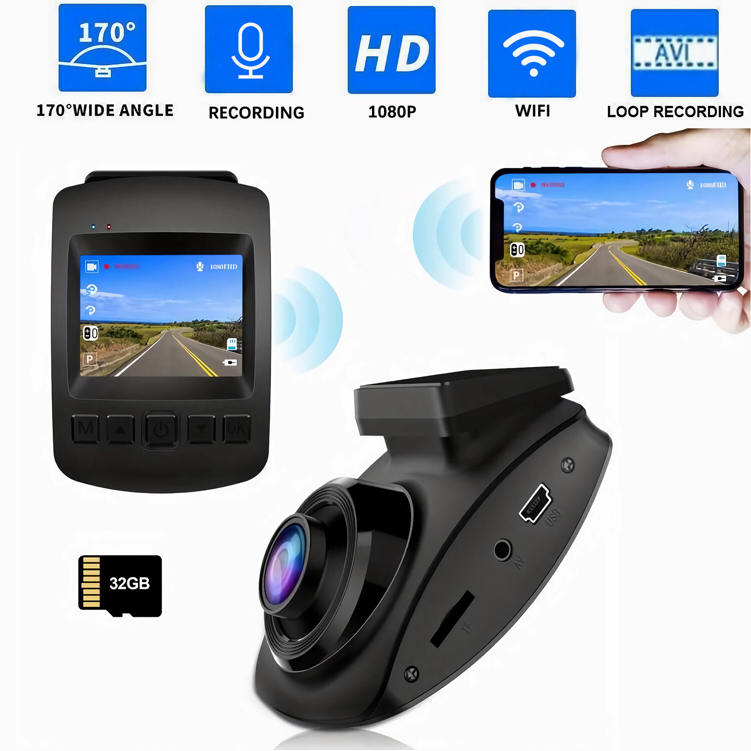 2'' Full HD 1080P Dash Cam Car DVR Front Or Rear Camera Smart APP Ctral G-sensor