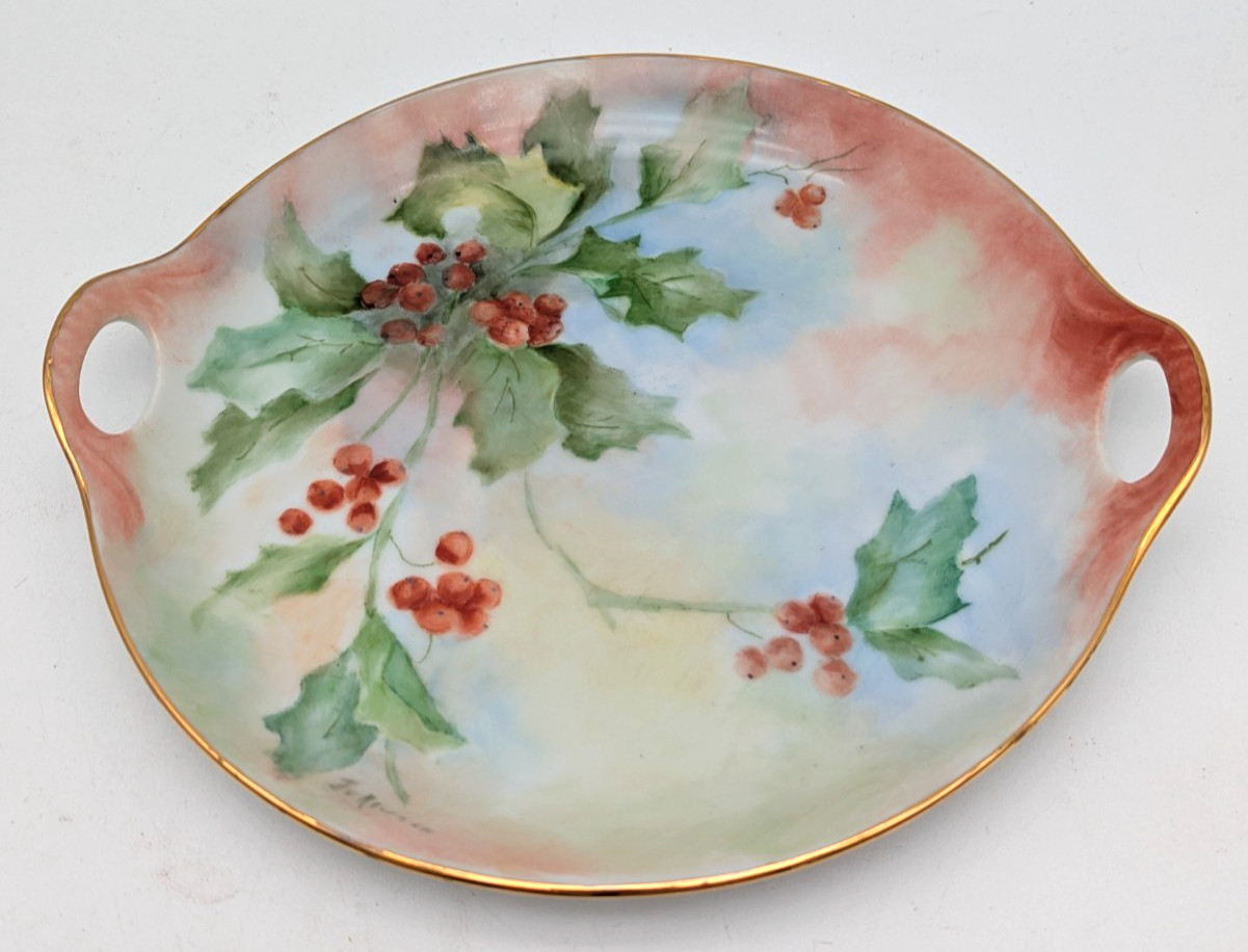 Hand Painted Holly Berry Porcelain Handled Trinket Dish Flat Bottom