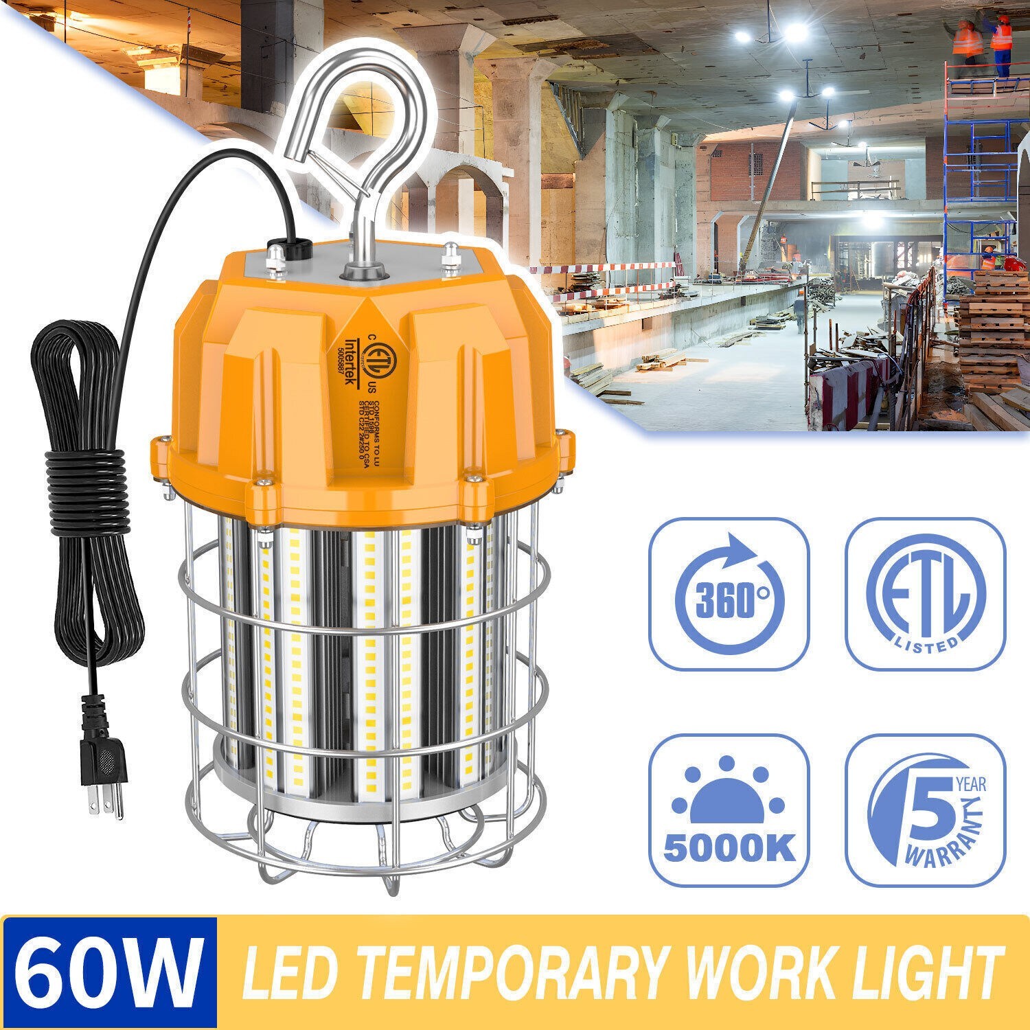 LED Temporary Work Light 60W 11,600LM High Bay  Construction Jobsite Work Light