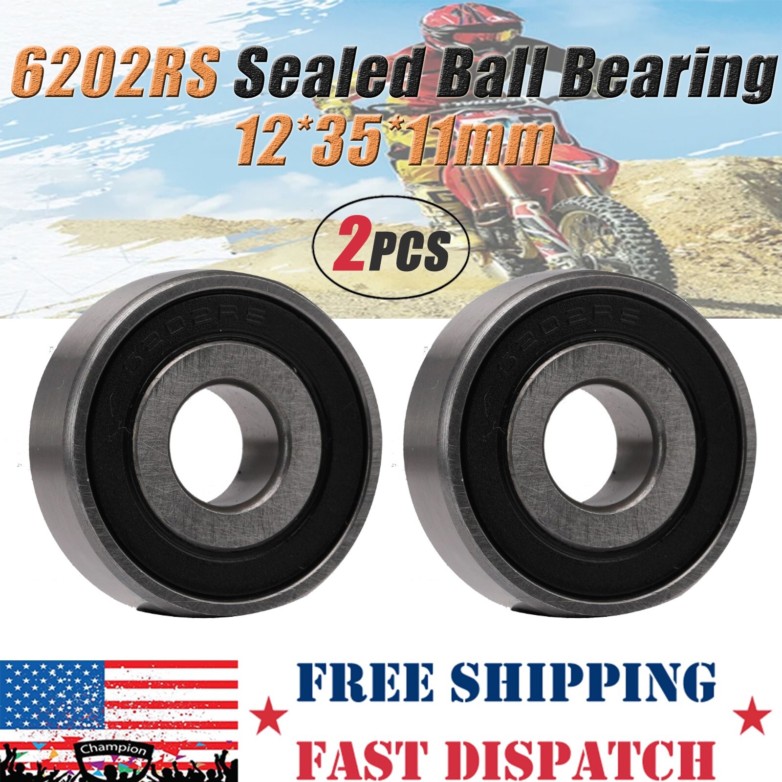 2PCS Premium  6202RS Ball Bearing 12x35x11mm Rubber Sealed Chrome Steel Bearing