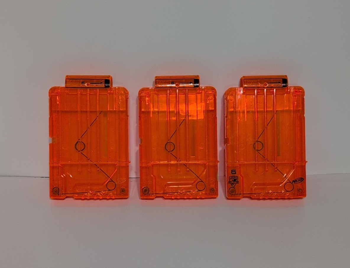 3 lot Nerf N-Strike Elite 6 Round Clip Orange Clear Dart Gun Magazine Cartridge