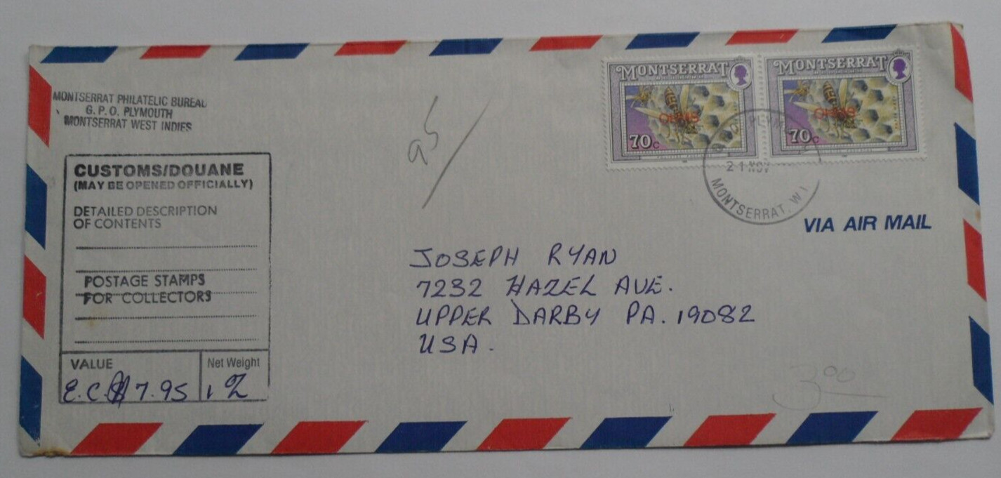 STAMPMART : MONTSERRAT 1992 CUSTOMS POSTMARK OHMS BEE FAUNA COVER USED TO PA USA