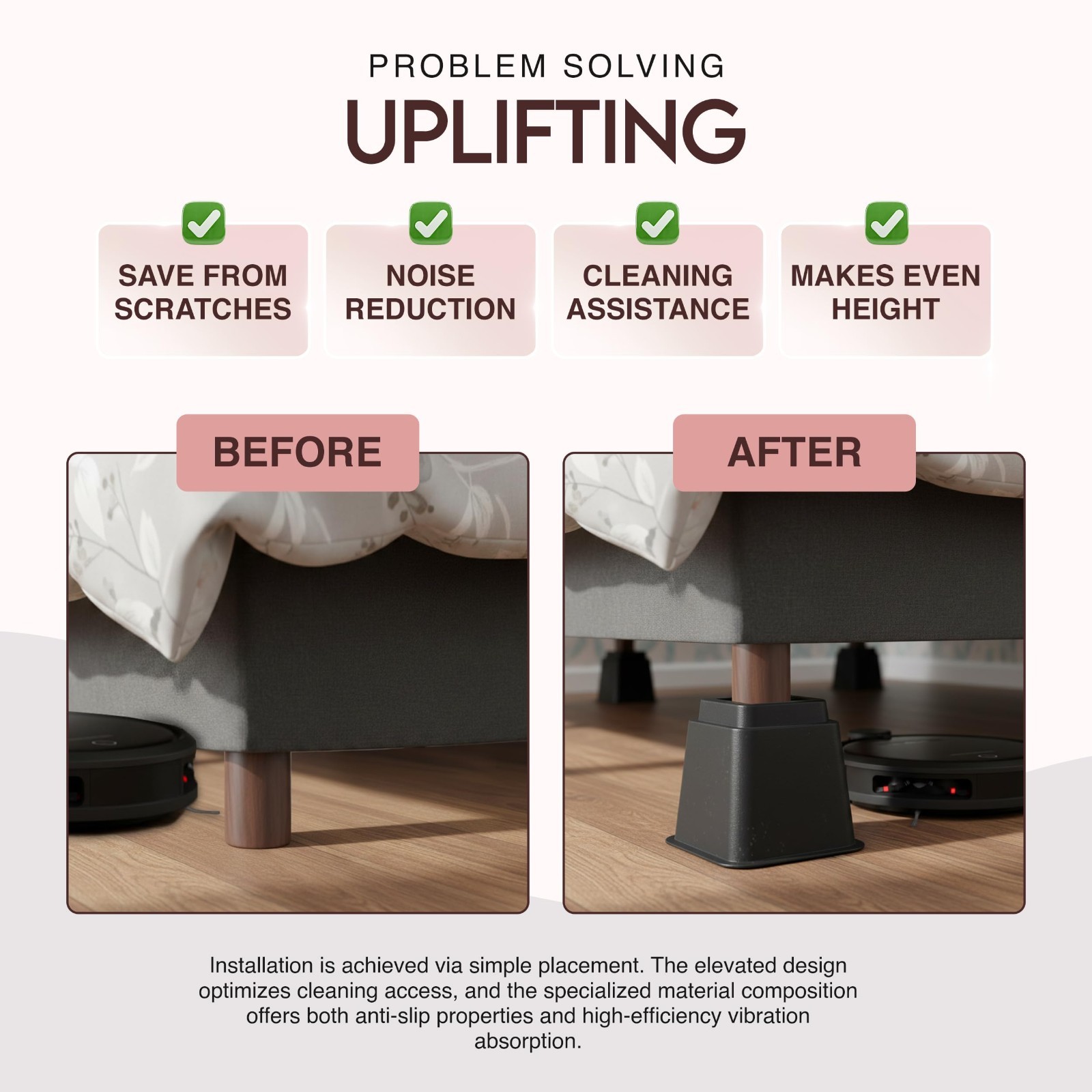 Adjustable Bed Risers 3 & 5 Inch, 1300 lbs Capacity, 4 Pack - Black Height Boost
