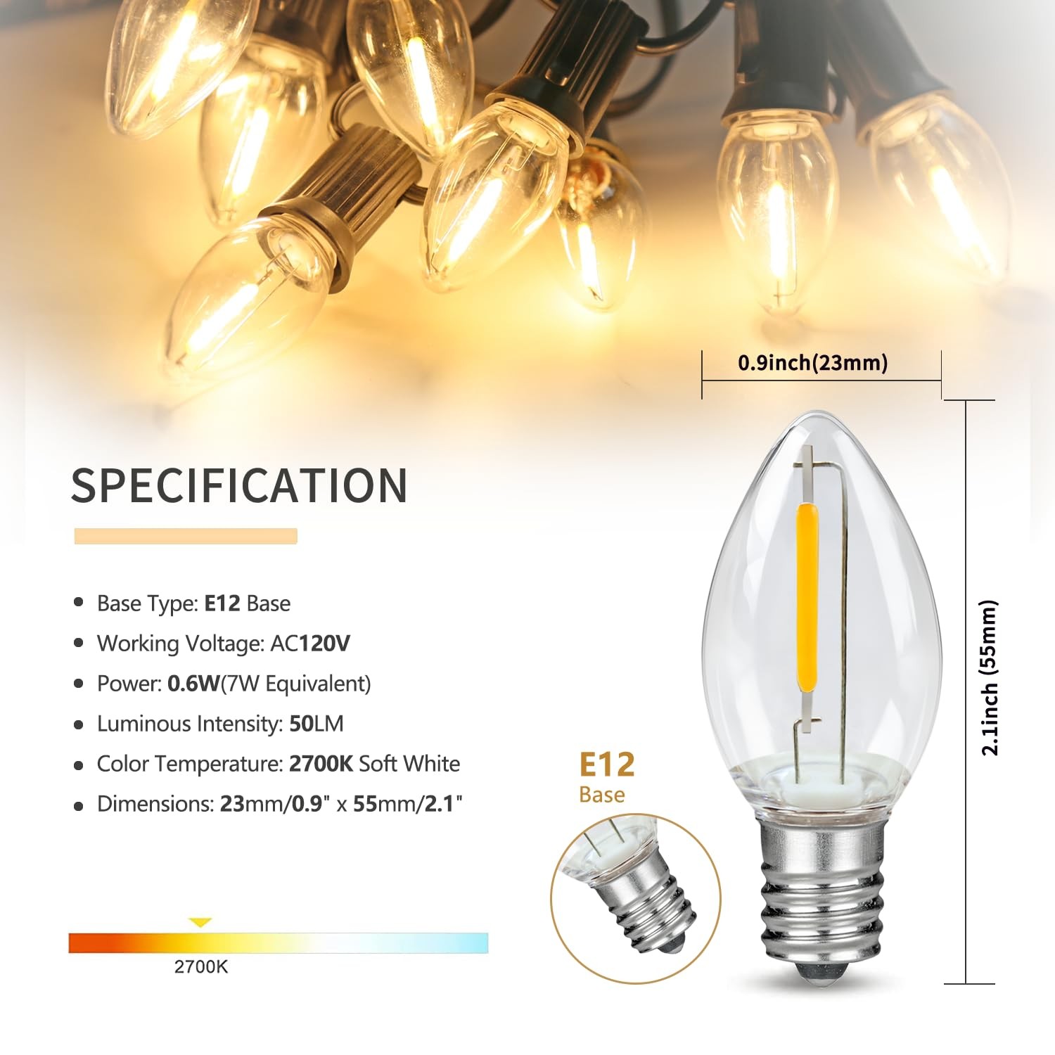 2 Pack Accessory Cord with 2 C7 Led Light Bulb Candelabra-Base E12 2-pack