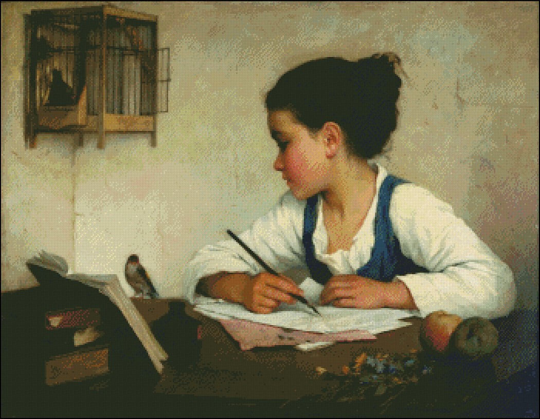 A Girl Writing - DIY Chart Counted Cross Stitch Patterns Needlework Embroidery