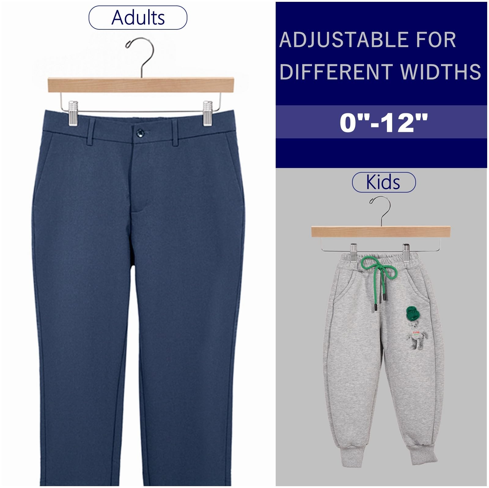 Wooden Pant Hangers with Clips, Skirt Hangers, Adjustable Heavy Duty Clip