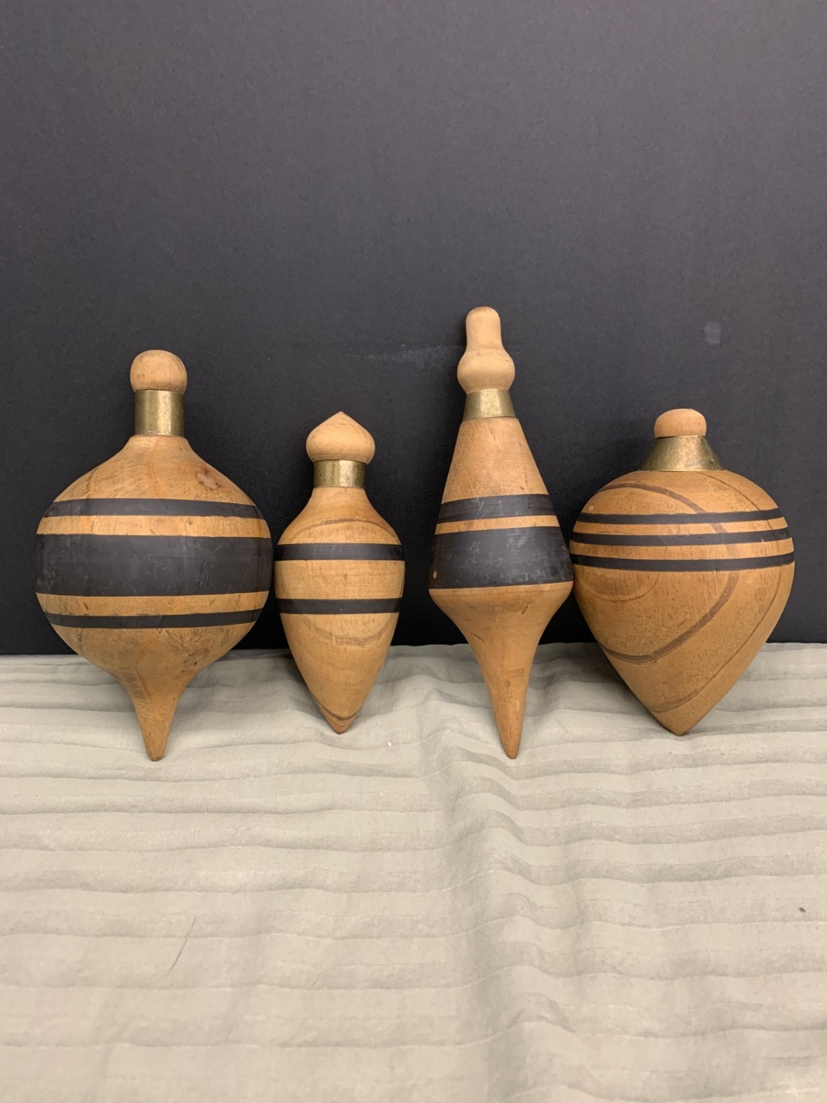 Wooden Spinning Tops/Basket Filler With Brass Accents Black Stripes Set of 4
