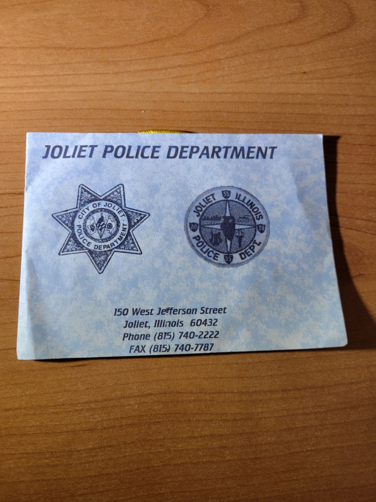 Joliet IL Police Shoulder Patch with Presentation Card