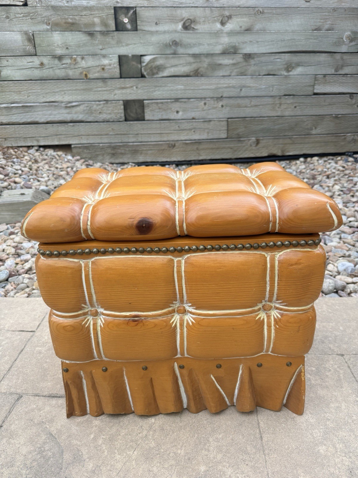 Rare 1970s Spanish Solid Pine Whimsical Chest with brass nailhead designs