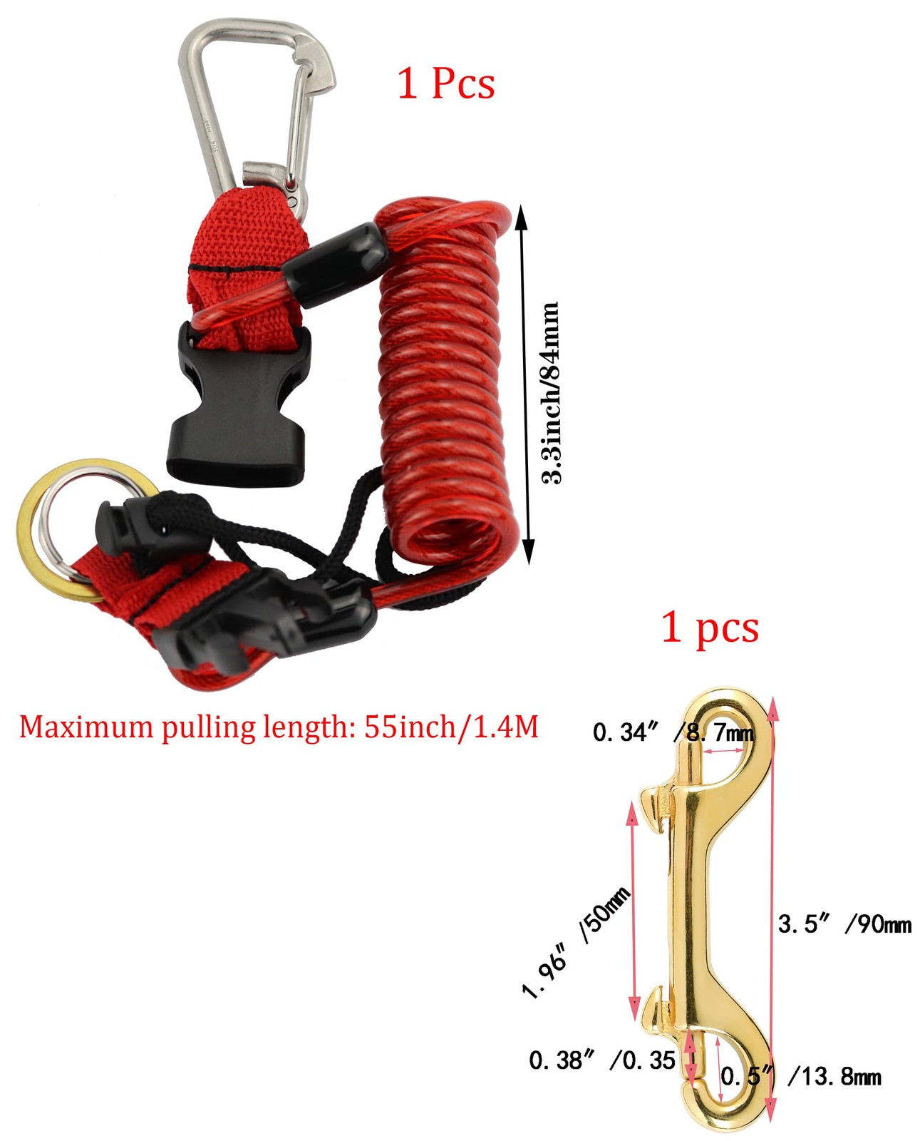 Scuba Diving Lanyard,Spring Coiled Lanyard,Double End Snap Hook Clip Diving H...