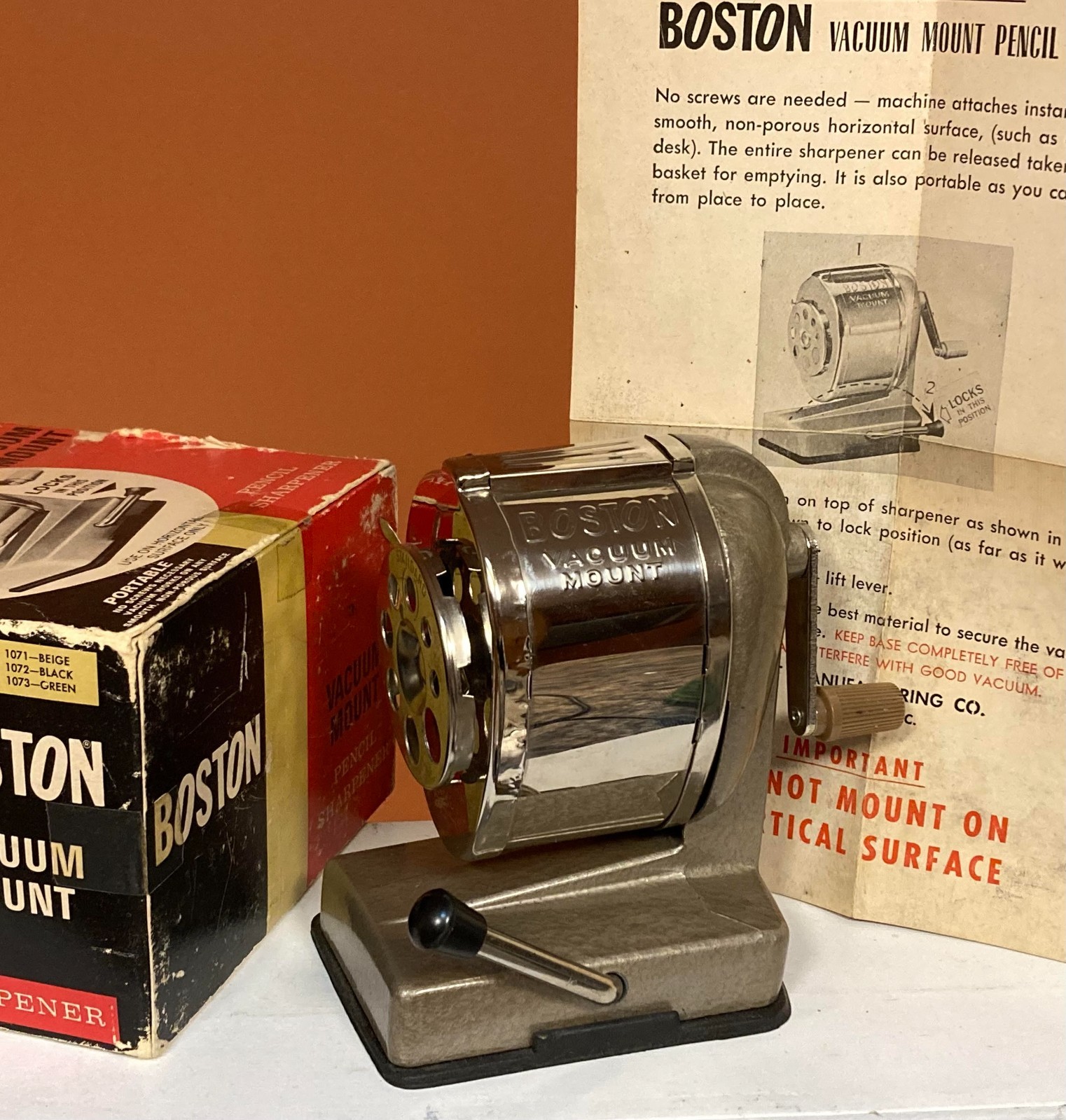 Vintage Art Deco Boston Vacuum Mount Metal Pencil Sharpener ~ Tested Works Great