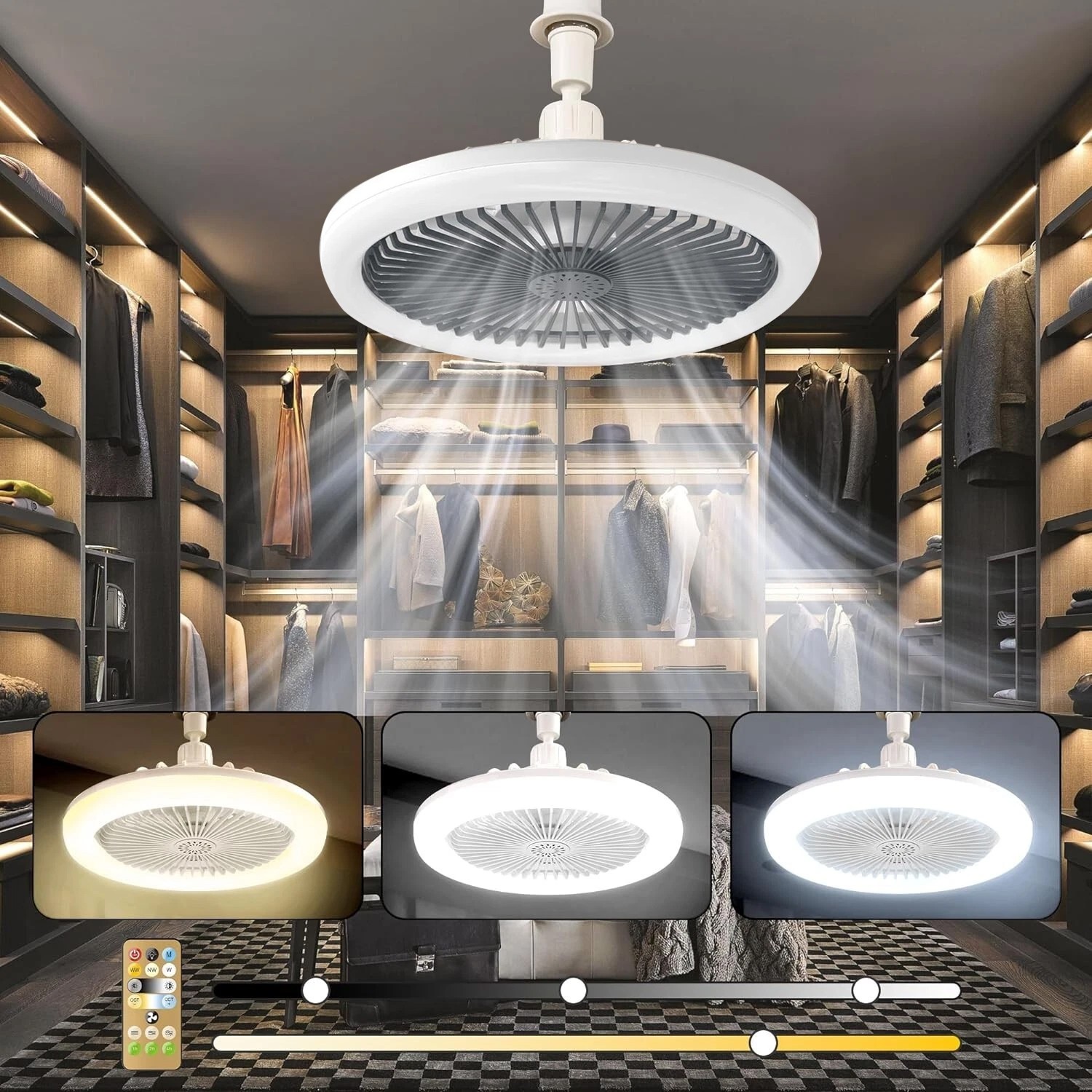 10" Adjustable E27 Socket Ceiling Fan Light 3-Color Temp LED Chandelier w/Remote