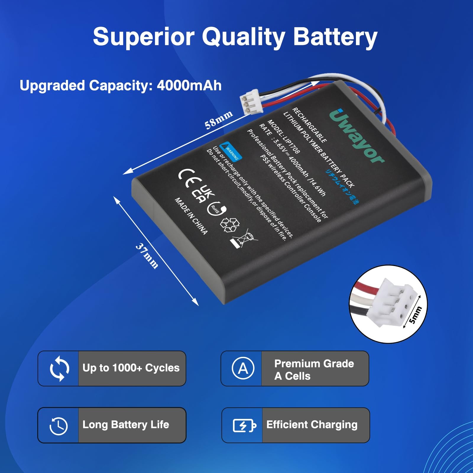 Uwayor PS5 Controller Battery, 4000mAh LIP1708 Battery 2 Pack, Black