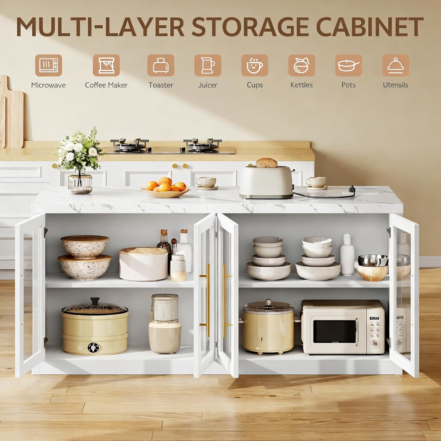 Large Kitchen Island with Storage & LED Light, Rolling Breakfast Bar Table