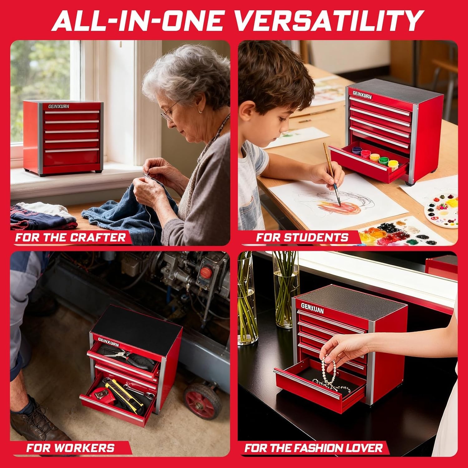 5-Drawer Rolling Red Tool Box Heavy Duty Micro Roll Cab Steel Stackable Tool
