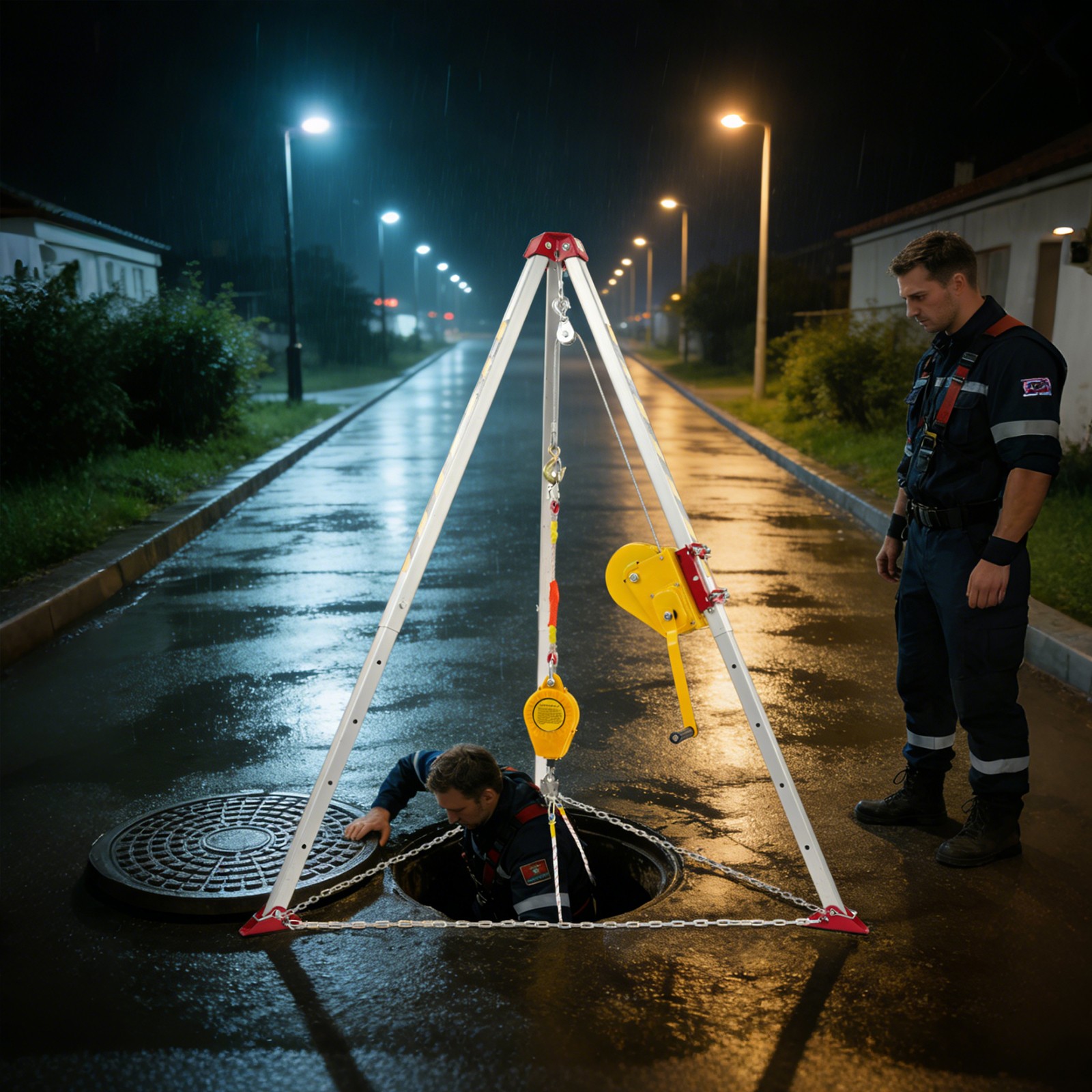 3000lbs Confined Space Rescue Tripod Metal Tripod w/ Hand Winch+Safety Belts