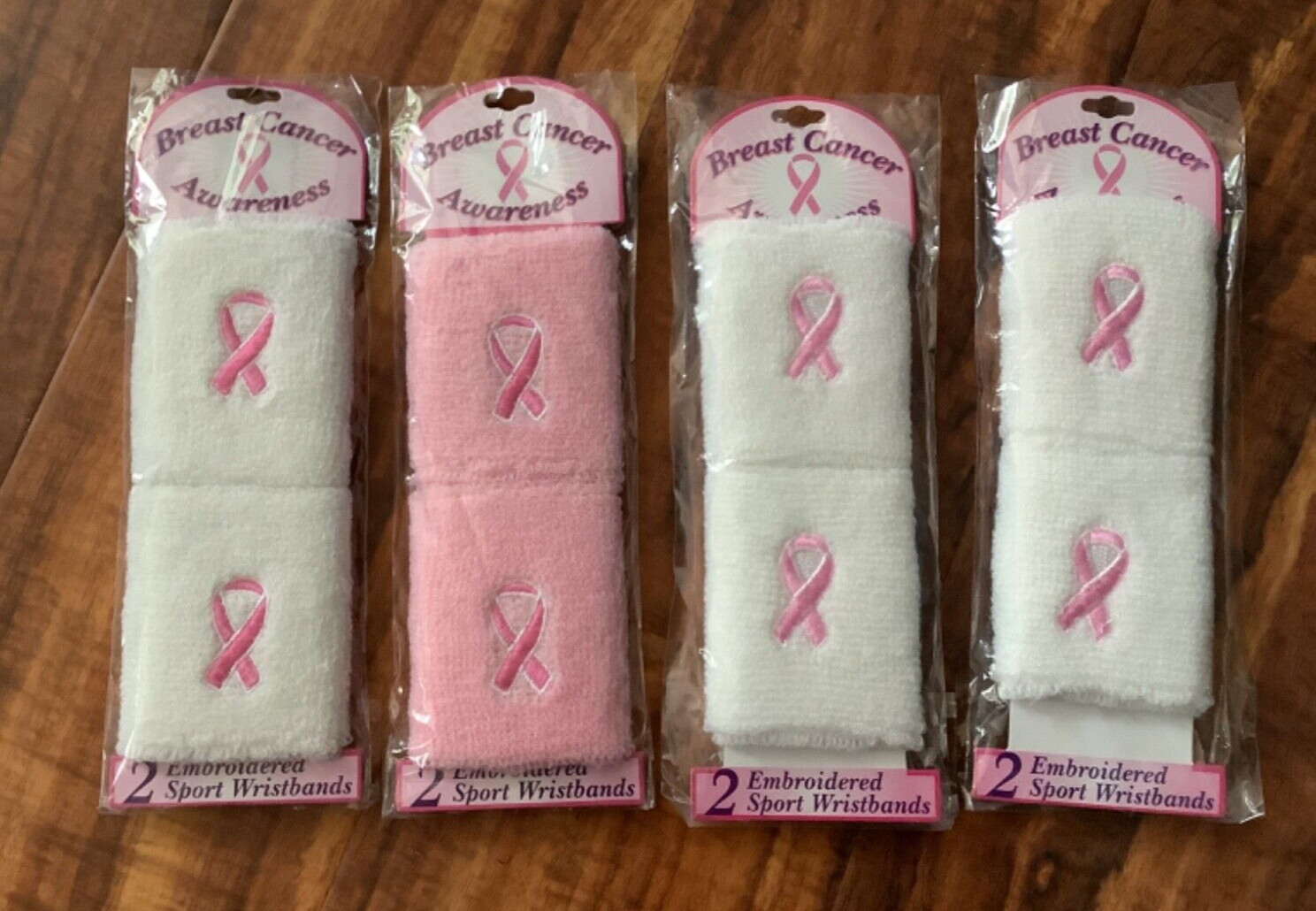BCA Breast Cancer Awareness Wrist/Sweatbands  Ribbon of Hope Set of 4 White/Pink