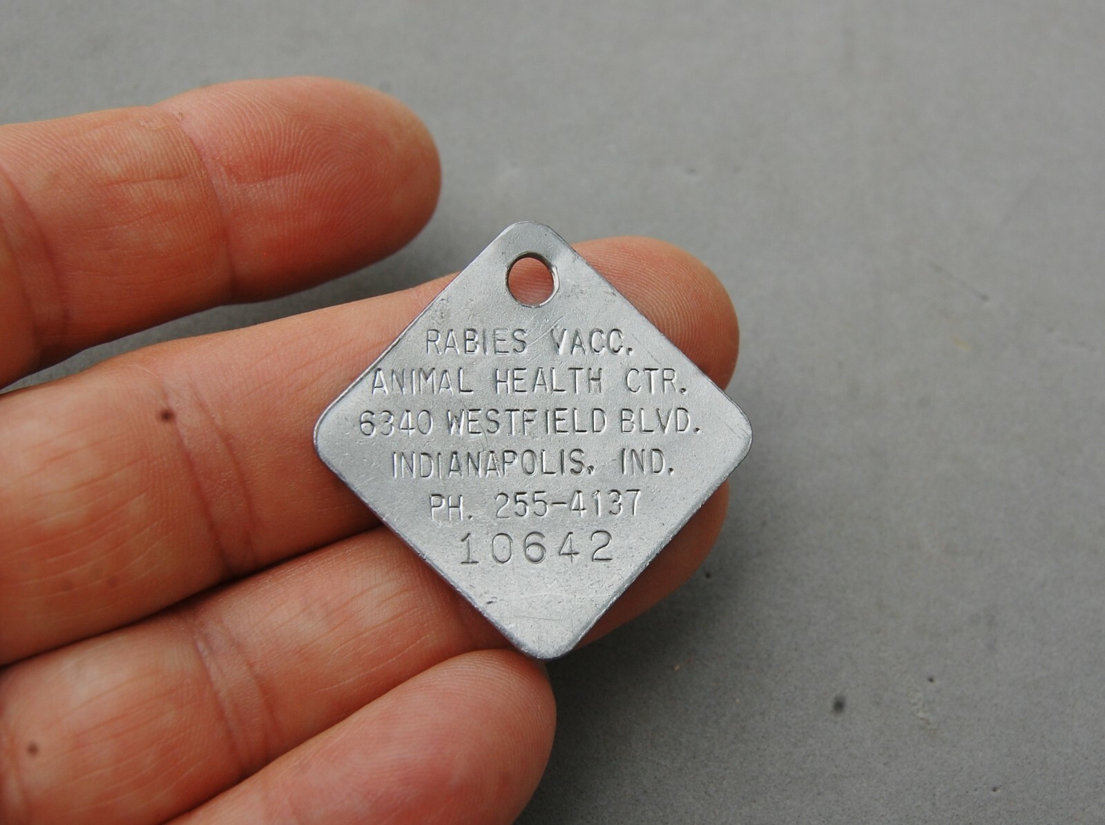 Rabies Vaccination Dog Tag Vintage Aluminum Metal Indianapolis Indiana 1 1/8"