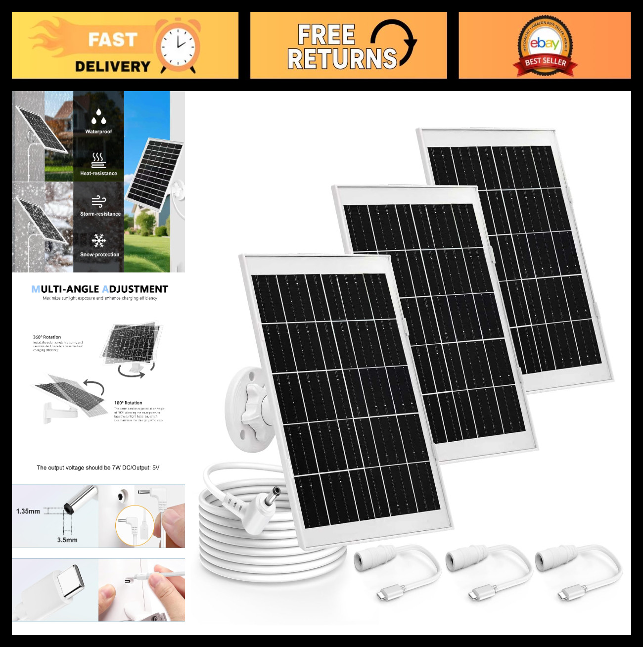 3 Pack 8W Solar Panel Charger for Ring Cameras, Outdoor Security, 10FT Cable