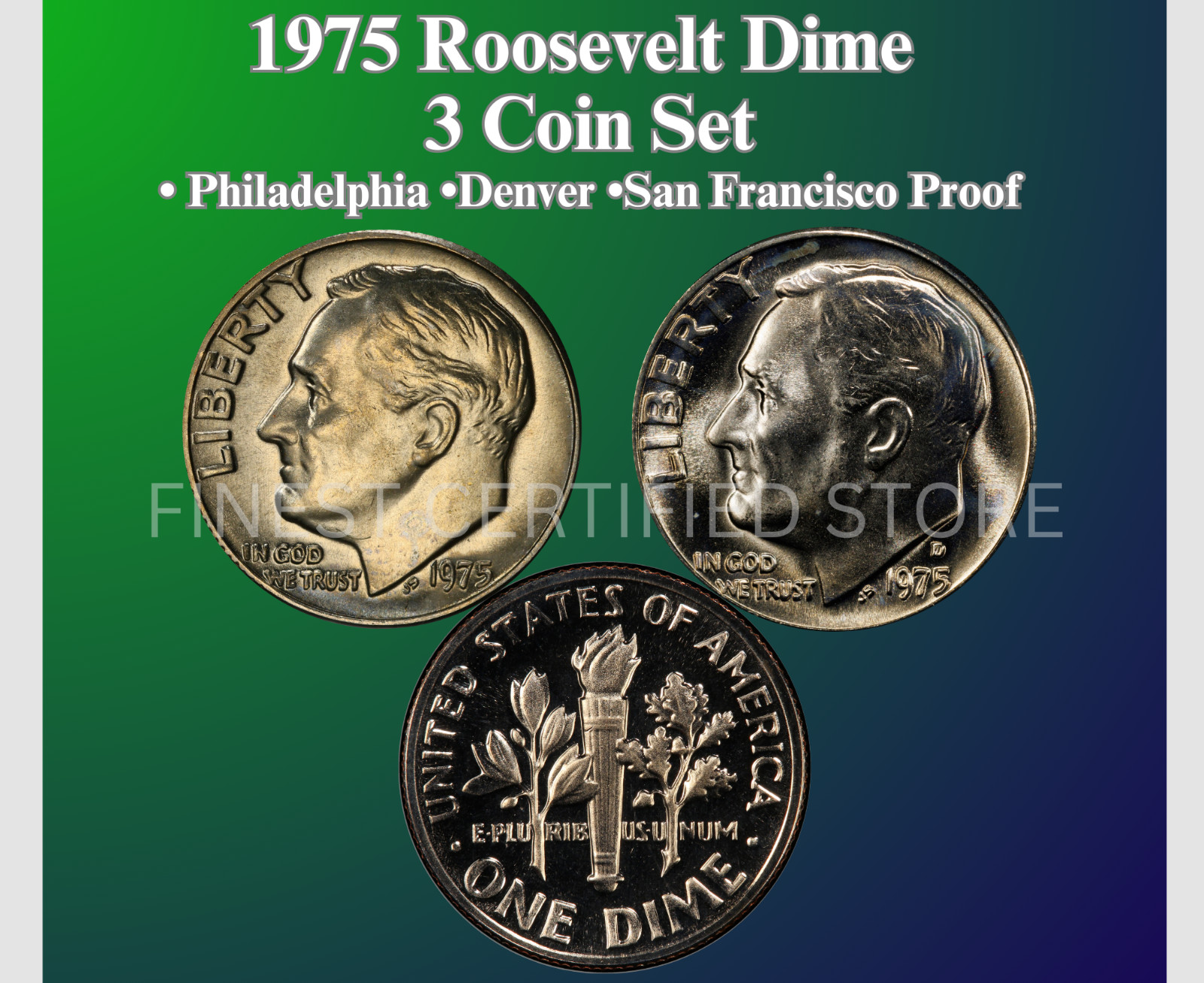 1975 P D S ROOSEVELT DIME NEW BU & PROOF 3 COIN SET  FREE SHIPING