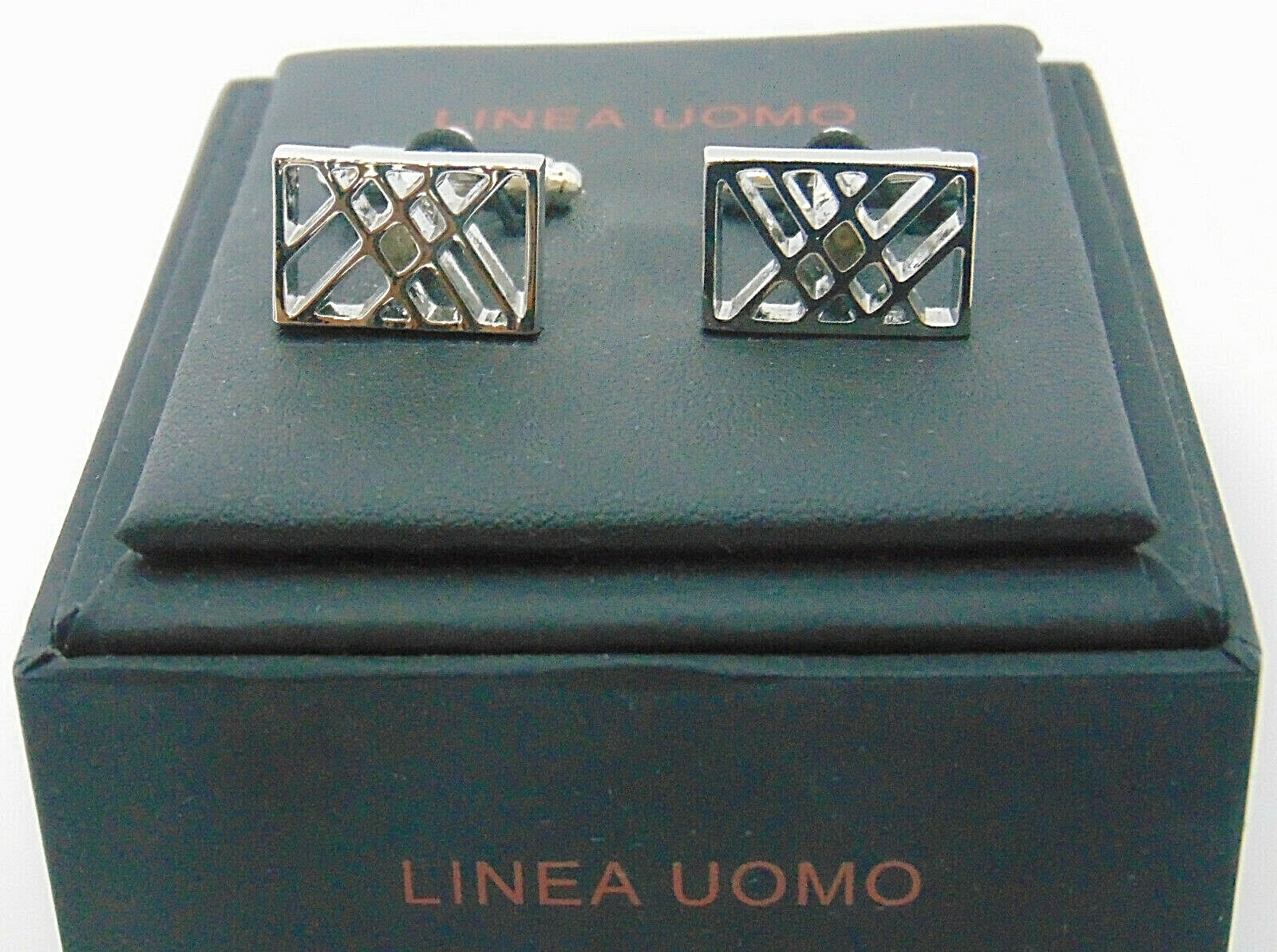 Cufflinks Men's Silver Rectangle Brushed Lattice Design French Cuff Linea Uomo