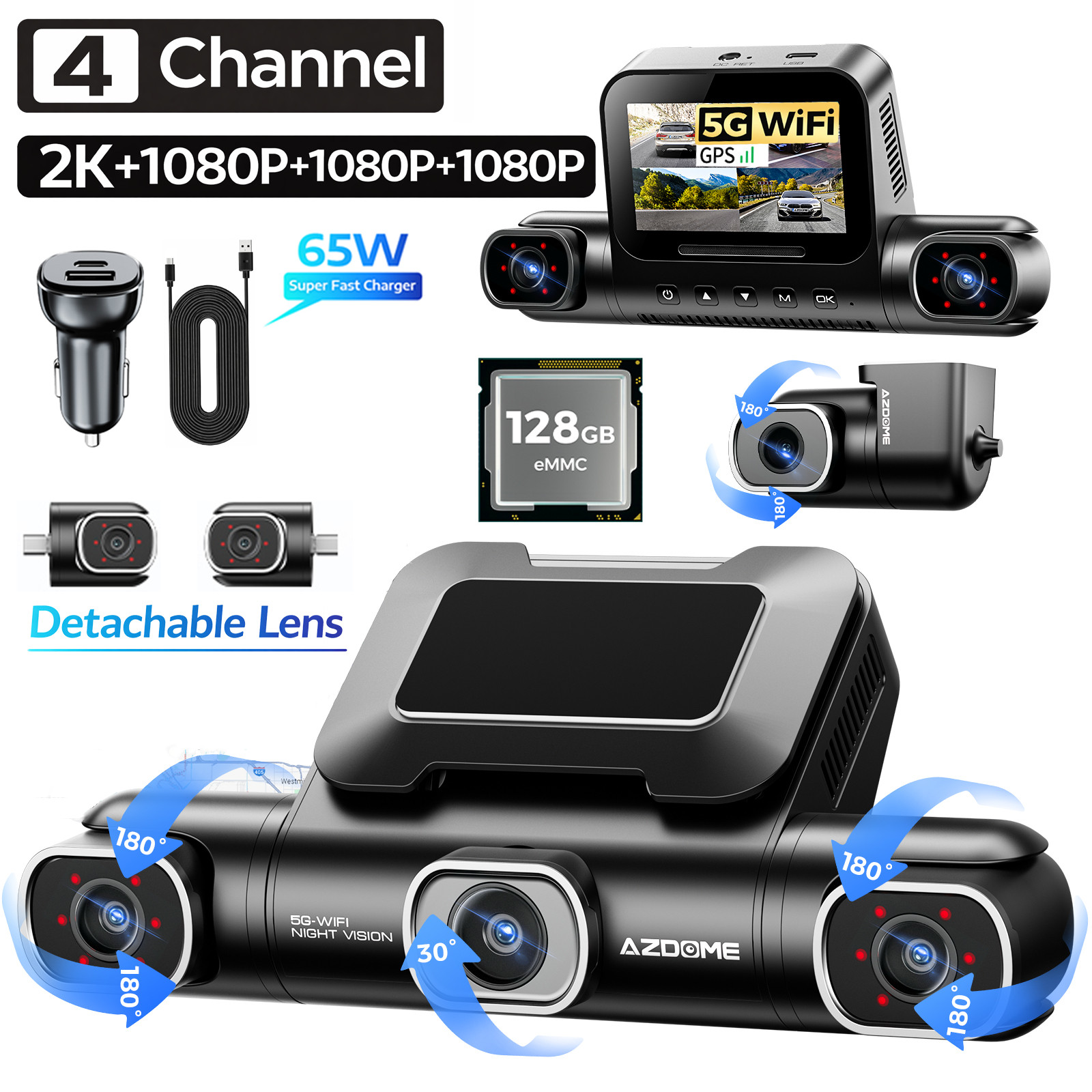 AZDOME 4CH 3" 4K Dash Cam 2K/1080P 5G Wi-Fi GPS Parking Mode Recorder 128GB eMMC