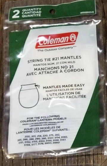 BRAND NEW 2 COLEMAN LANTERN MANTLES #21 STRING TIE 1 PACK OF 2 & FREE DECAL