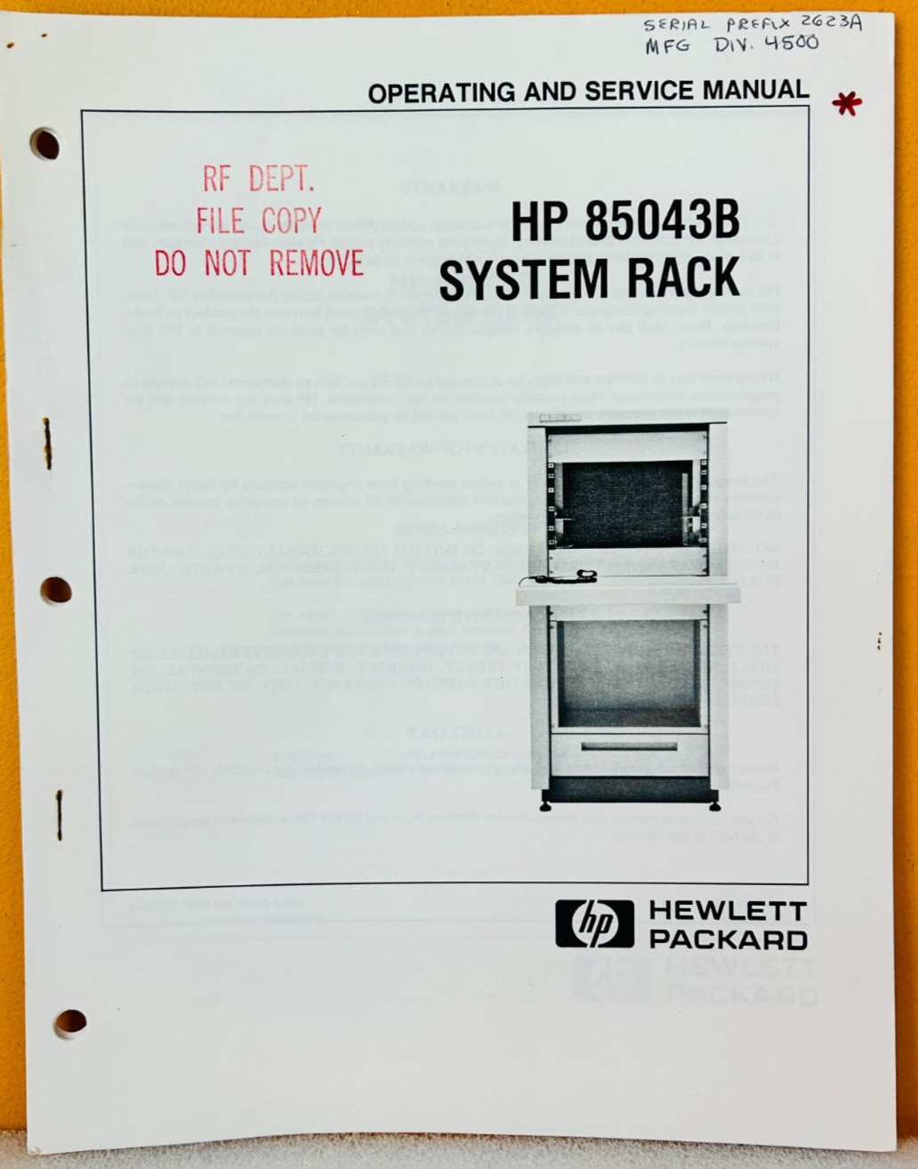 HP 85043-90009 85043B System Rack Operating and Service Manual.
