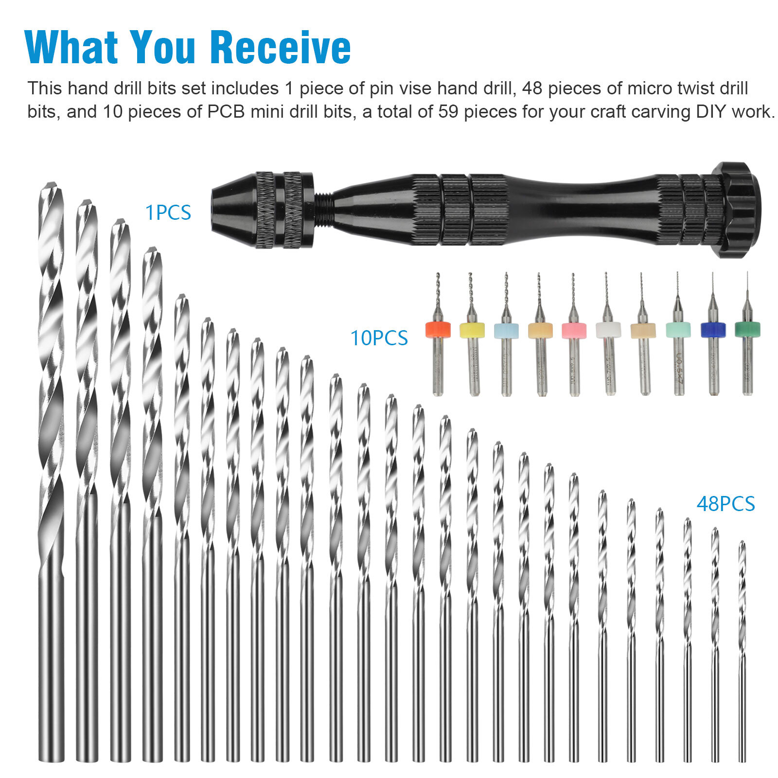 59x Precision Mini Micro Hand Twist Drill Bits Pin Vise Set Rotary Tools DIY Kit