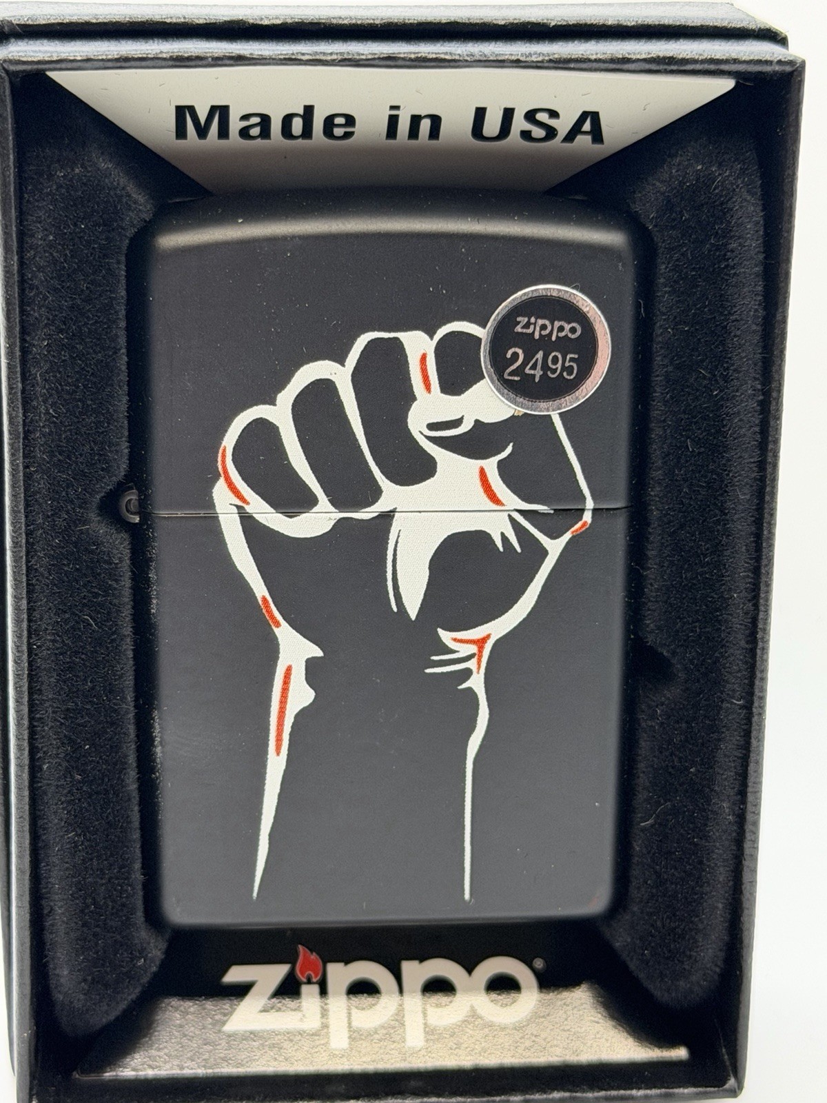 Vintage 2011 Raised Fist Black Matte Zippo Lighter New B12