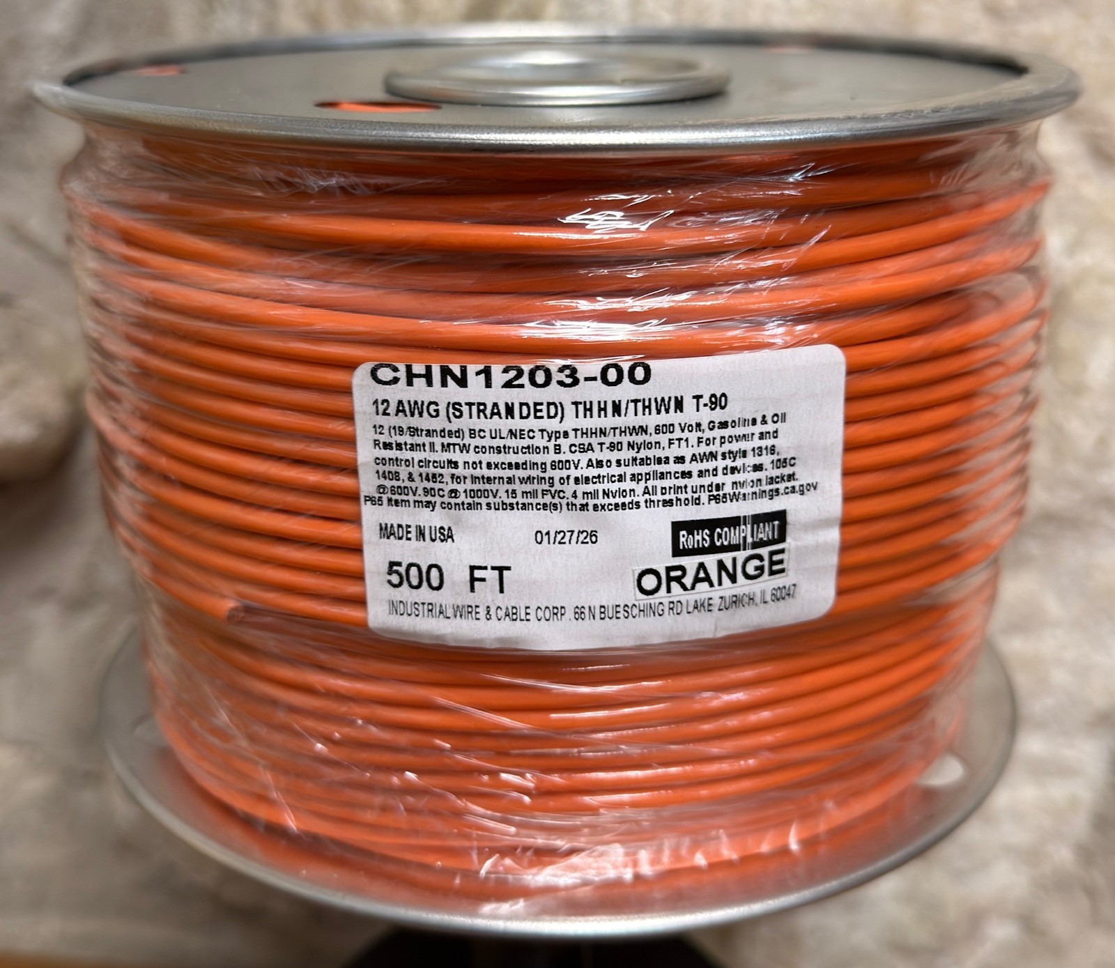 500 FT THHN/THWN WIRE. 12AWG STR BC  600 VOLT. MADE IN USA.  ONLY ORANGE