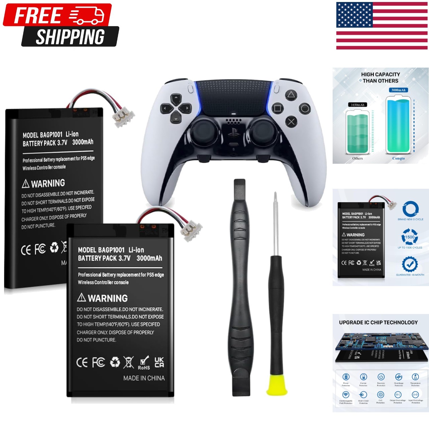2 Pack 3000mAh Battery for Sony PlayStation Dualsense Edge Controller, Upgrad...