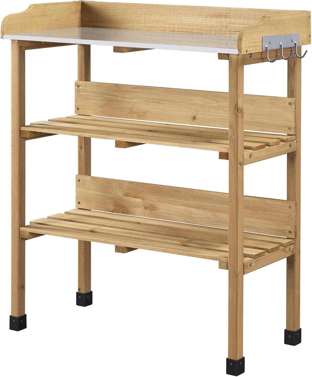 Topeakmart Fir Wood Potting Bench, Metal Tabletop with 3-Tier Shelves & Hooks