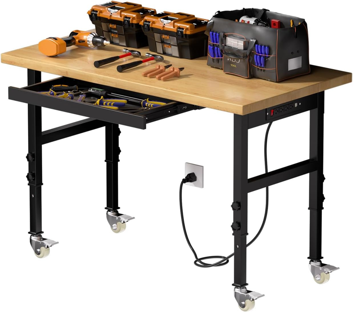 48" Heavy Duty Solid Wood Work Bench, Work Table with Drawers, Portable Garage W