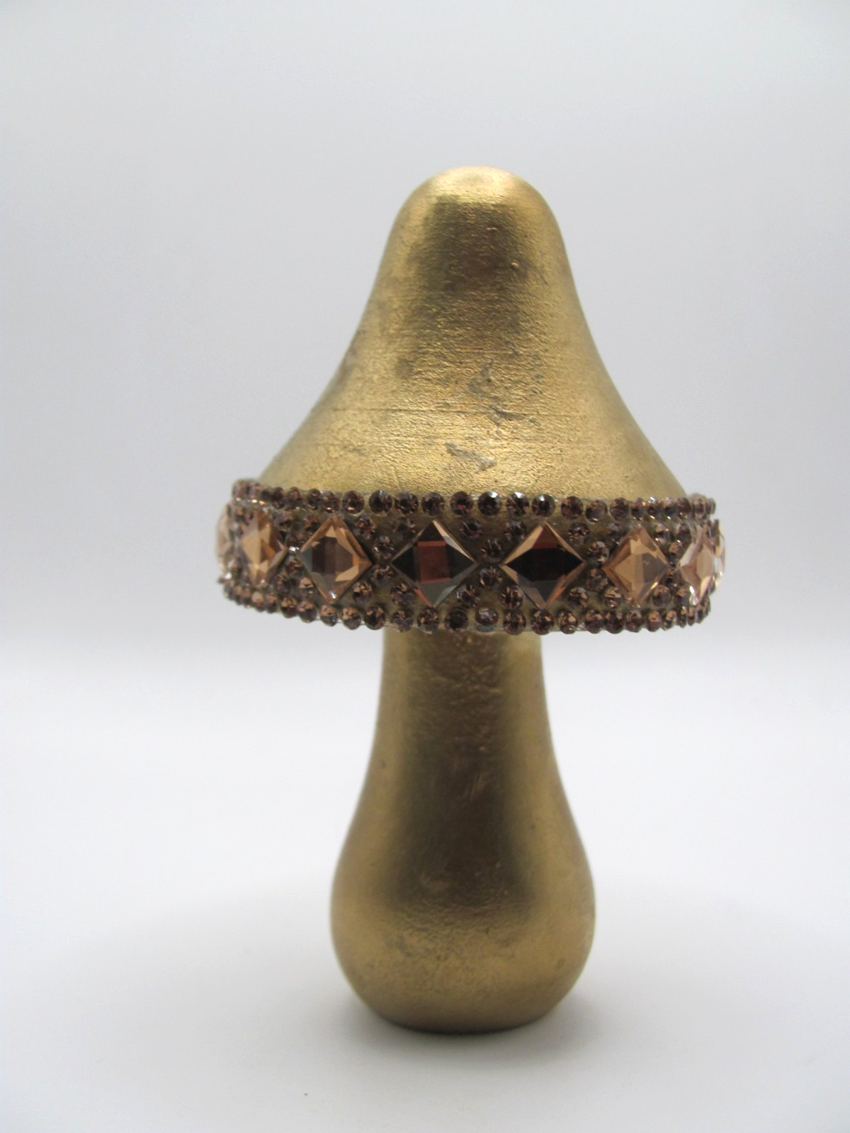HAND DECORATED 3.5 INCH GOLD WOODEN MUSHROOM WITH GOLD RHINESTONE ACCENTS