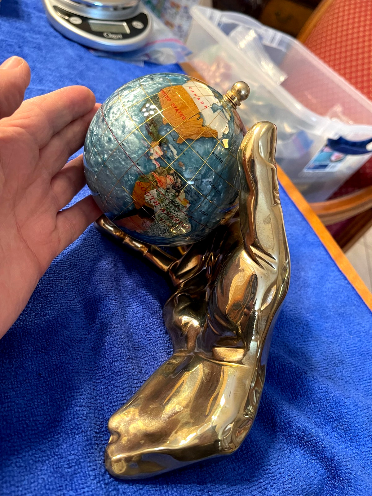 Alexander Kalifano Gemstone Globe Gold Hand with World Earth Semiprecious Stones
