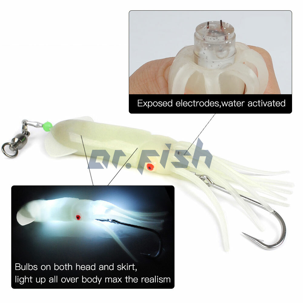 Dr.Fish Saltwater LED Fishing Lures Lighted Squid Baits Deep Drop Tuna Lead Rig