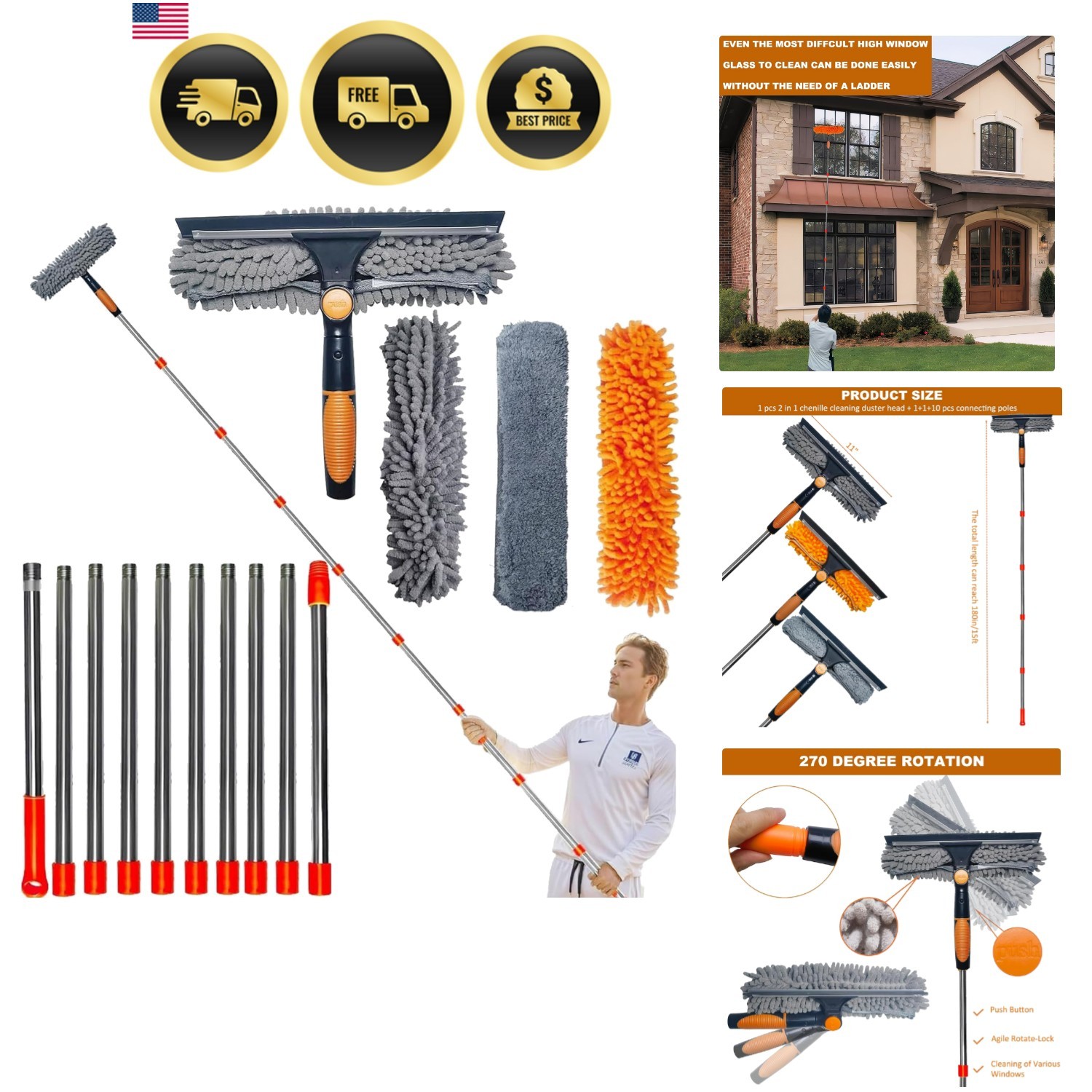 20 ft+  Squeegee Window Cleaner Duster 2 in 1 Rotatable Window Cleaning Tool ...