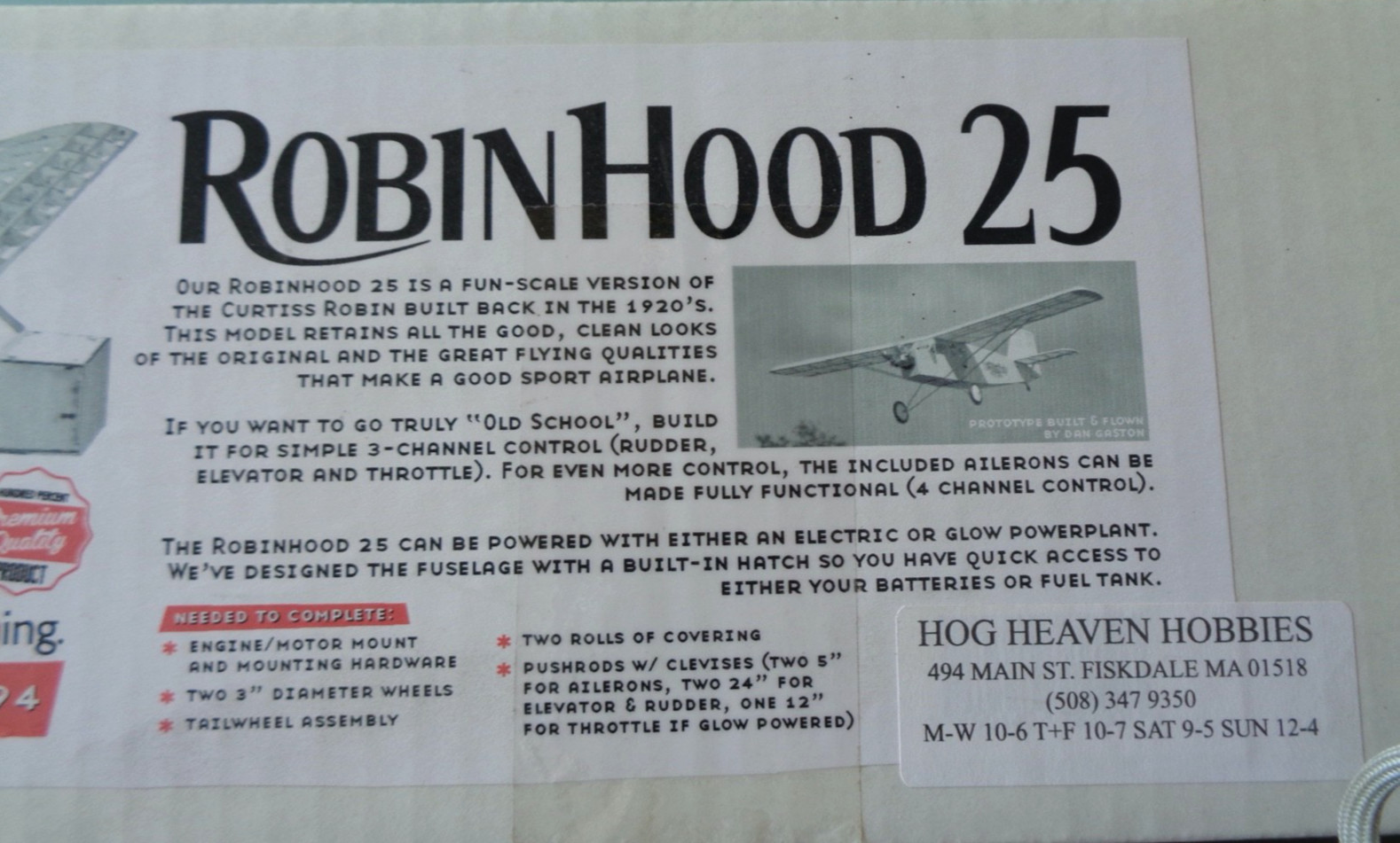 Old School Model Works Robin Hood 25 LC RC Airplane, 51" WS, Callie Graphics NEW