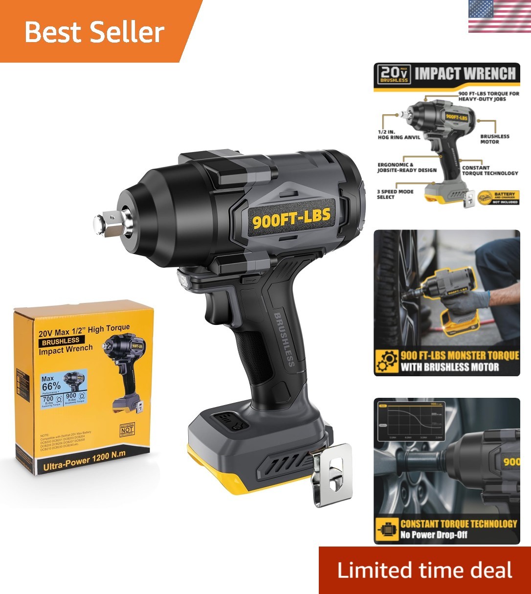 3-Speed 1/2'' Brushless Impact Wrench - 900 Ft-lbs, Ideal for Auto & Machinery